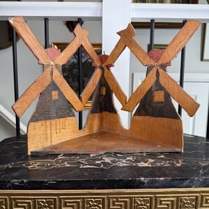 Vintage Hand-Made Wooden Dutch Windmill Folk Art Corner Wall Shelf Mid-Century